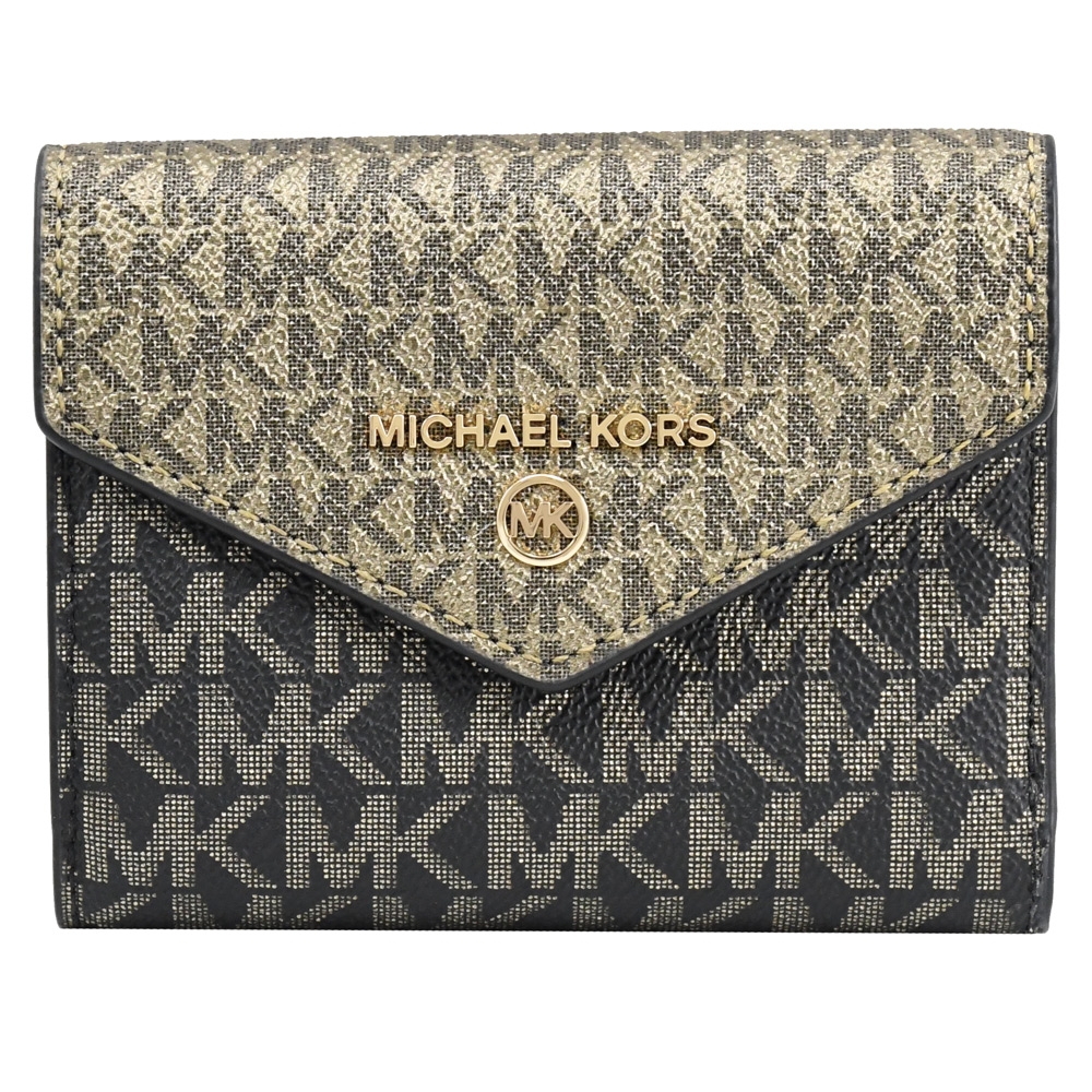 MICHAEL KORS Jet Set Charm 金屬MK LOGO經典印花釦式三折短夾(黑/金)