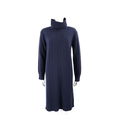 Max Mara 喀什米爾可拆高領深藍色麻花針織洋裝 羊毛衫