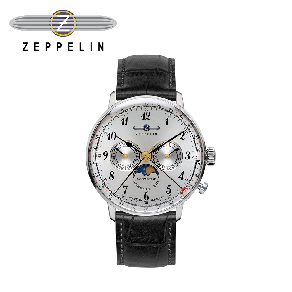 【齊柏林飛船錶Zeppelin】興登堡月相三眼白盤石英錶 40mm 男/女錶 70361