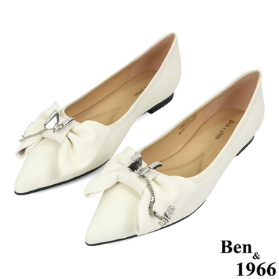 Ben&1966高級絲綢羊皮優雅尖頭包鞋-米白(236152)