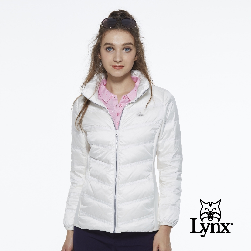【Lynx Golf】女款保暖輕薄羽絨素面剪接款長袖外套-白色