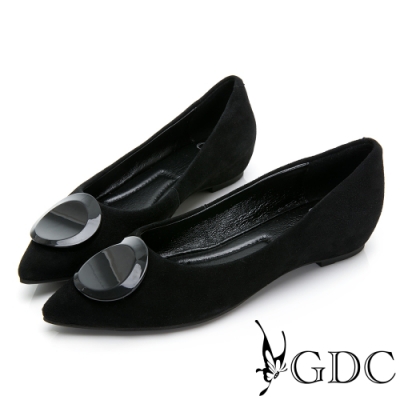 GDC-真皮尖頭歐美簡約圓釦磨砂感平底包鞋-黑色