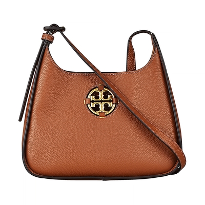 TORY BURCH MILLER金字簍空設計LOGO牛皮磁扣式肩背斜背馬鞍包(棕)