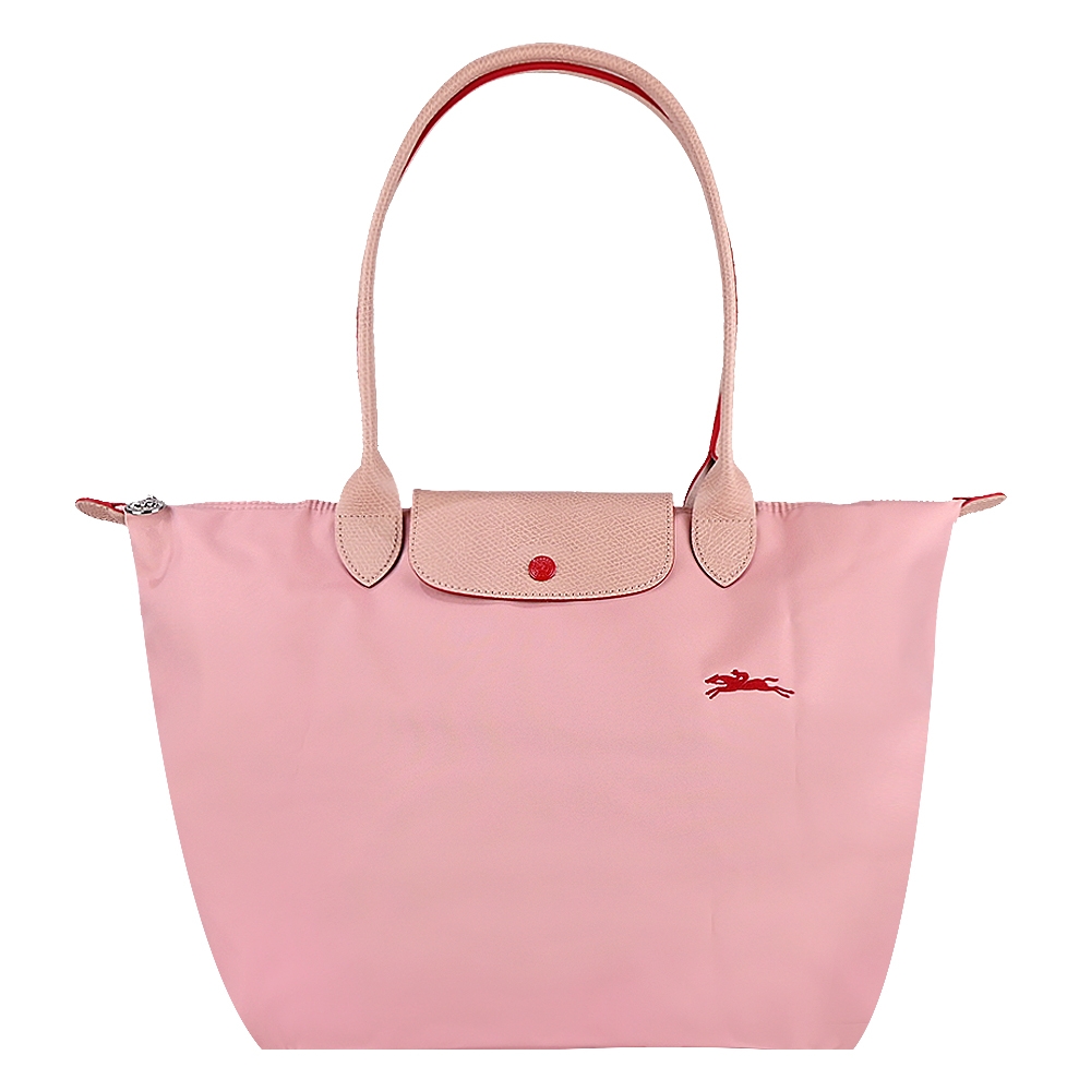 LONGCHAMP LE PLIAGE CLUB系列刺繡長把尼龍摺疊水餃包(大/玫瑰粉)