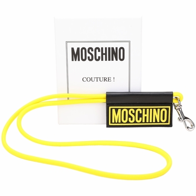 MOSCHINO 品牌矽膠字母彈性掛繩皮革牌鑰匙圈(黃色)