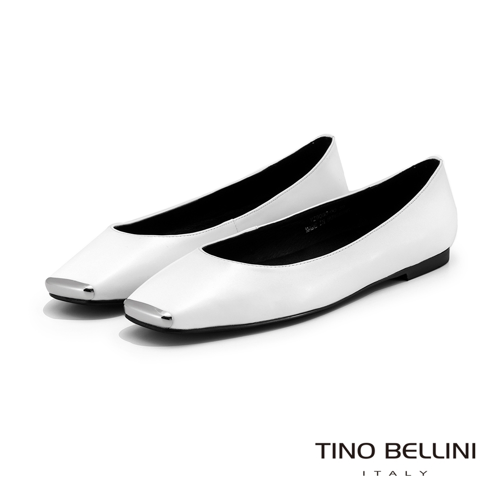 Tino Bellini極簡輪廓全真皮金屬方頭平底鞋_白