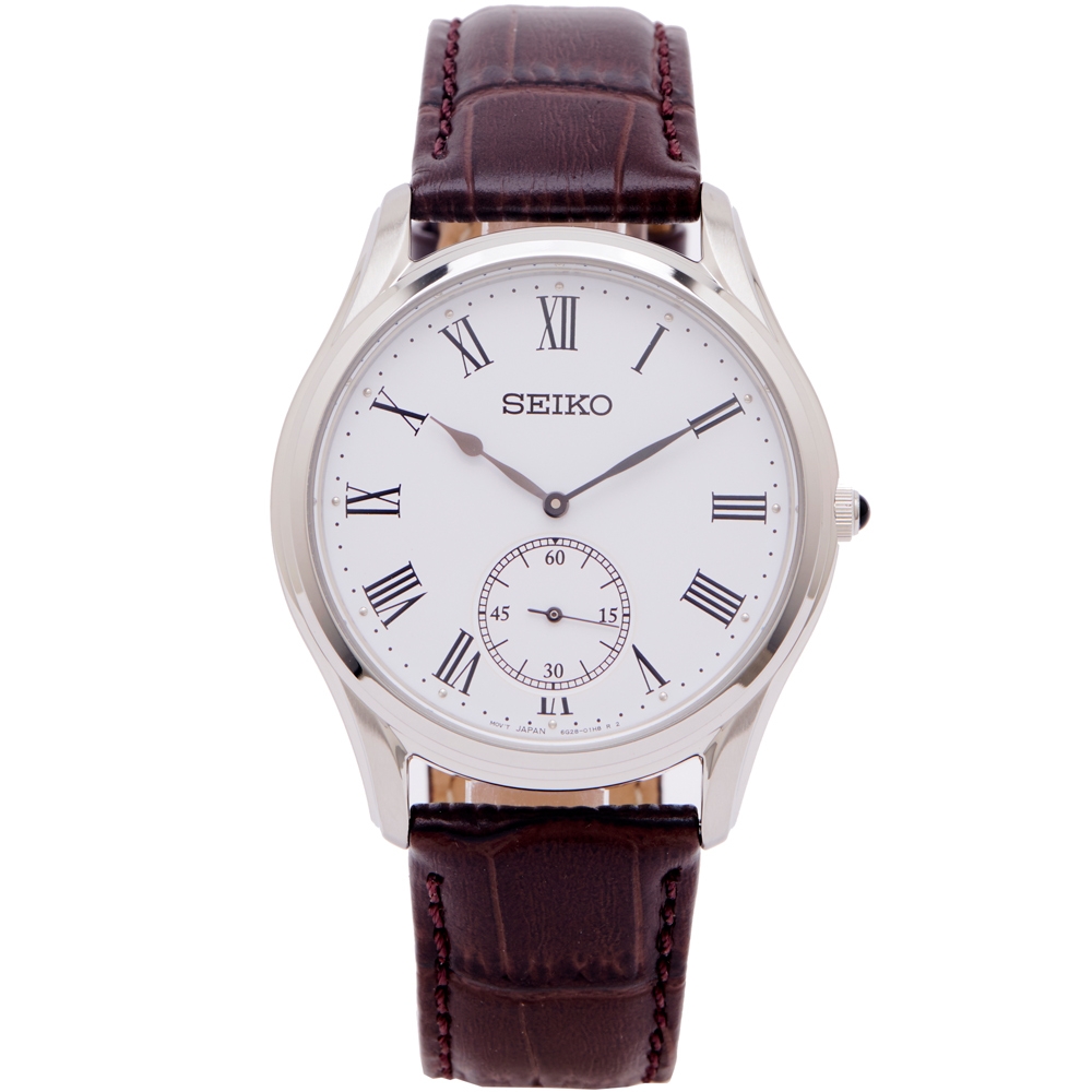 SEIKO  CS系列 羅馬數字刻度小秒針盤皮革錶帶手錶(SRK049P1)-白面X咖啡色/39mm