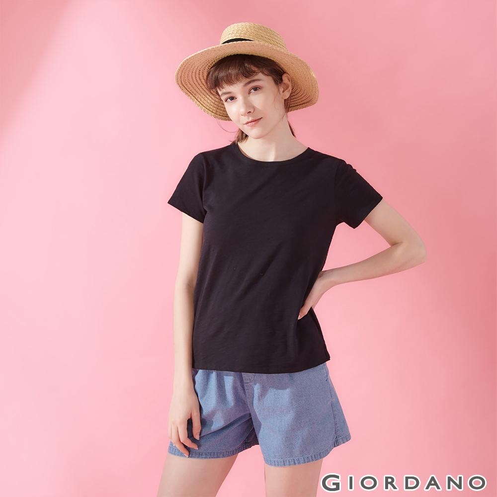 GIORDANO 女裝圓領竹節棉寬版T恤-19 標誌黑