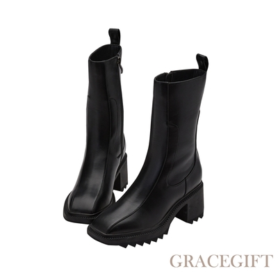 【Grace Gift】顯瘦剪裁方頭鋸齒粗跟中筒靴 黑