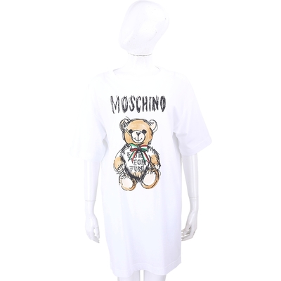 MOSCHINO 手繪泰迪熊字母白色短袖長版TEE 洋裝