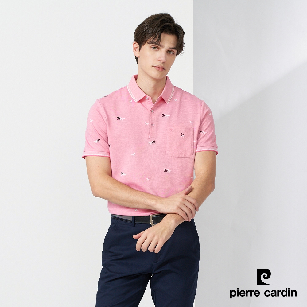 Pierre Cardin皮爾卡登 男款 雙色交織馬印花短袖polo衫-粉色(5237273-75)
