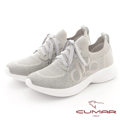 【CUMAR】鑽飾飛織布彈力輕量化休閒鞋-灰色