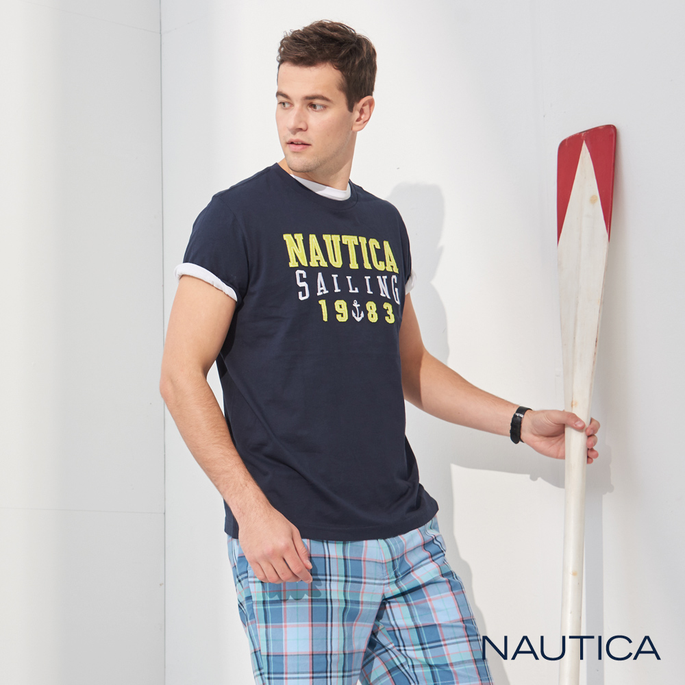 Nautica 經典LOGO拼接短袖T恤-深藍