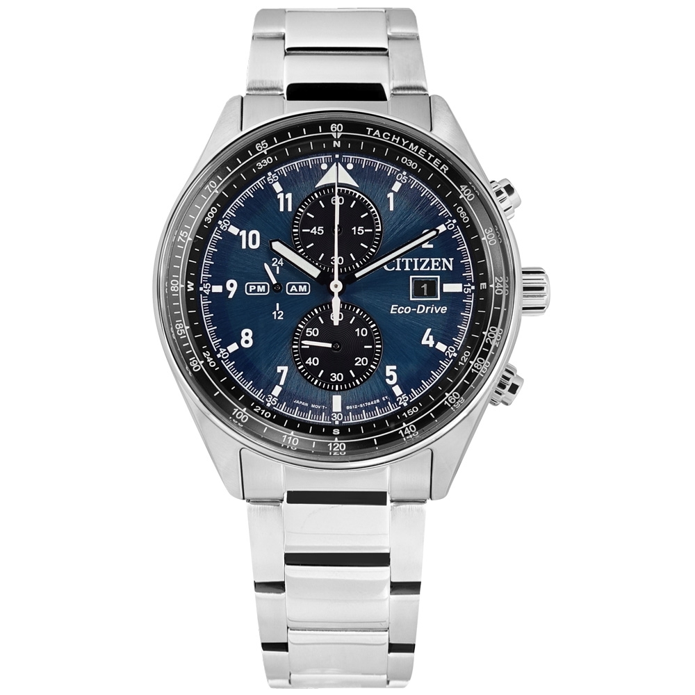CITIZEN 光動能 計時碼錶 日期視窗 防水100米 不鏽鋼手錶-藍色/43mm