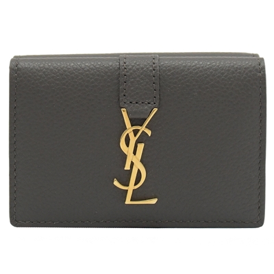 YSL Saint Laurent 金屬LOGO牛皮三折釦式小短夾(深灰)