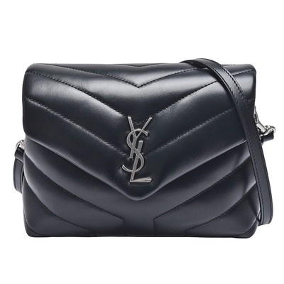 YSL LOULOU系列V字縫線銀色金屬LOGO小牛皮斜背包(小-黑)