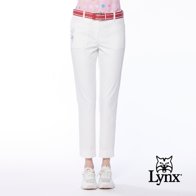 【Lynx Golf】女款彈性舒適貼袋造型精美山貓繡花窄管九分褲-白色