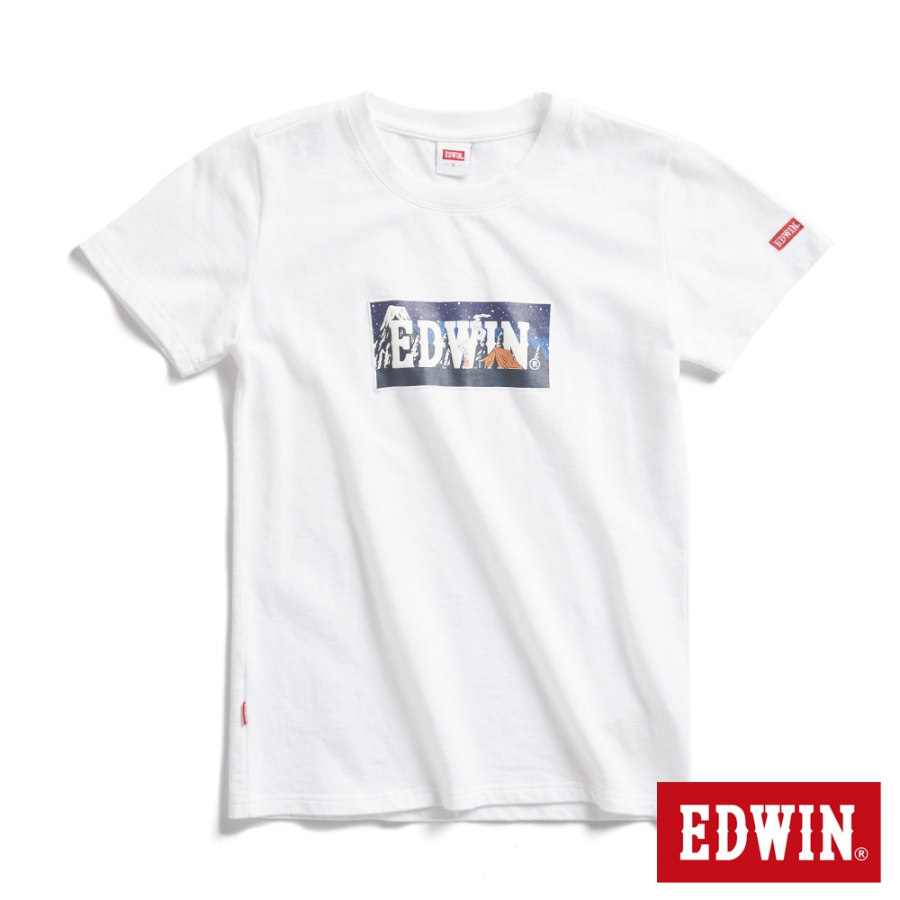 EDWIN 露營系列 富士山腳營地LOGO印花短袖T恤-女-米白色