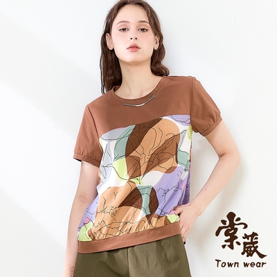 【TOWNWEAR棠葳】涼感手繪花卉拼接亞麻上衣(中大尺碼/女上衣/女上著/鑽飾/短袖/短T)