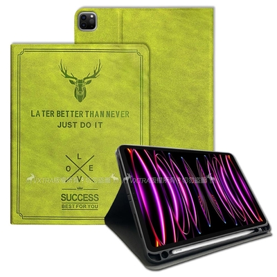 二代筆槽版 VXTRA 2022 iPad Pro 12.9吋 第6代 北歐鹿紋平板皮套 保護套(森林綠)