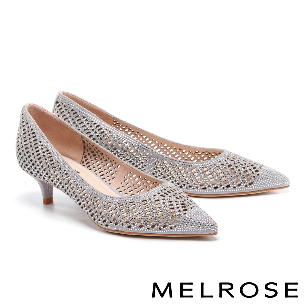 低跟鞋 MELROSE 自信亮麗純色晶鑽鏤空尖頭低跟鞋－灰