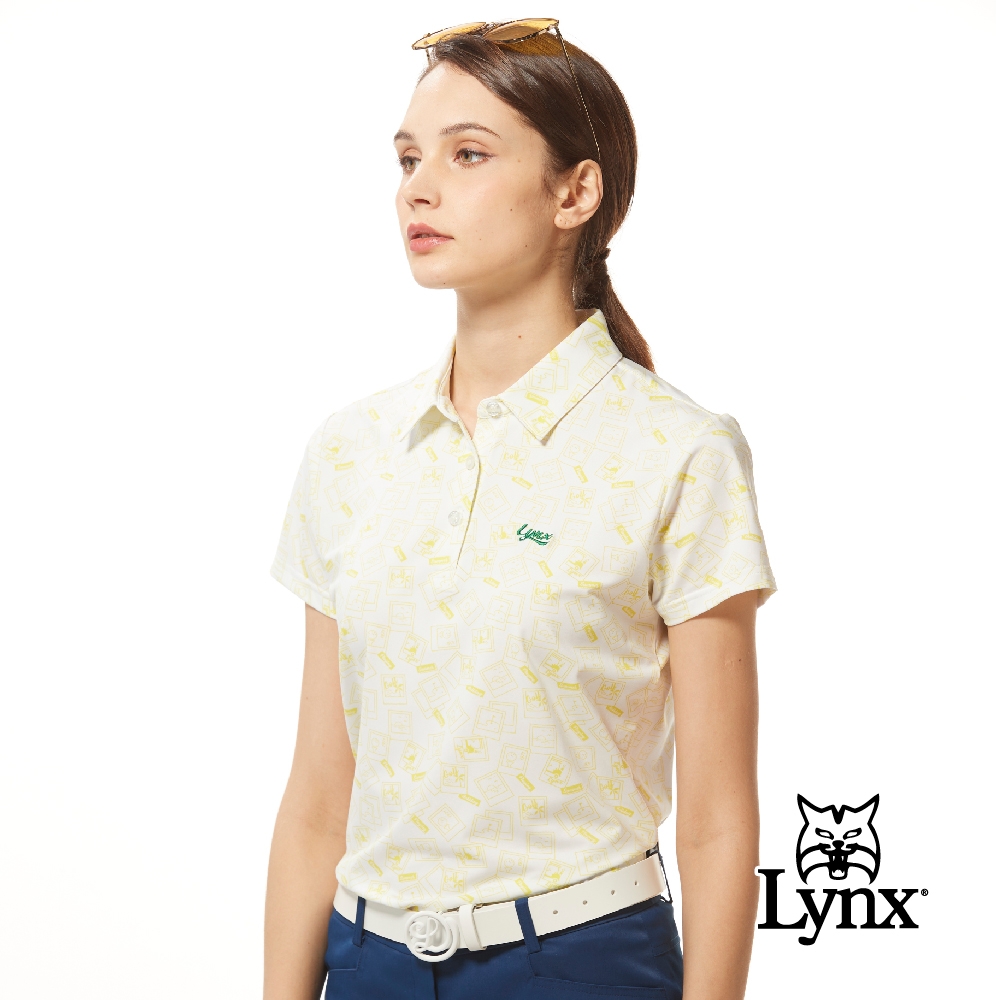 【Lynx Golf】女款吸溼排汗機能高爾夫立可拍照片圖樣造型Lynx繡花短袖POLO衫/高爾夫球衫-白色