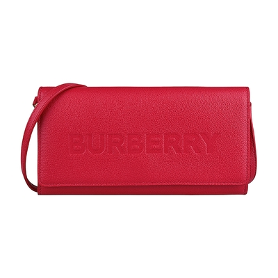 BURBERRY 巴寶莉 HENLEY壓印LOGO小牛皮10卡釦式斜背長夾(紅)