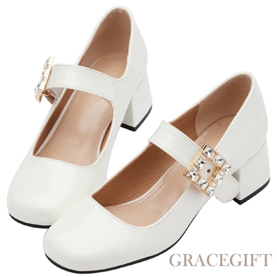 【Grace Gift】閃耀星辰方鑽中跟瑪莉珍鞋 米漆