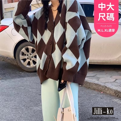 JILLI-KO 韓版復古毛衣菱格慵懶風針織開衫外套中大碼- 咖/黑