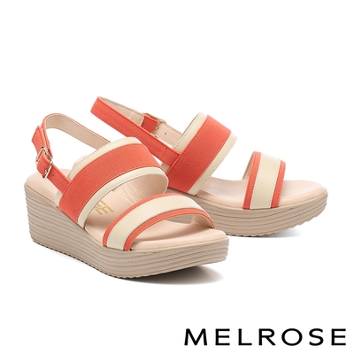 涼鞋 MELROSE 美樂斯 夏日輕旅 日常雙色一字造型羊皮拼接布厚底涼鞋－橘