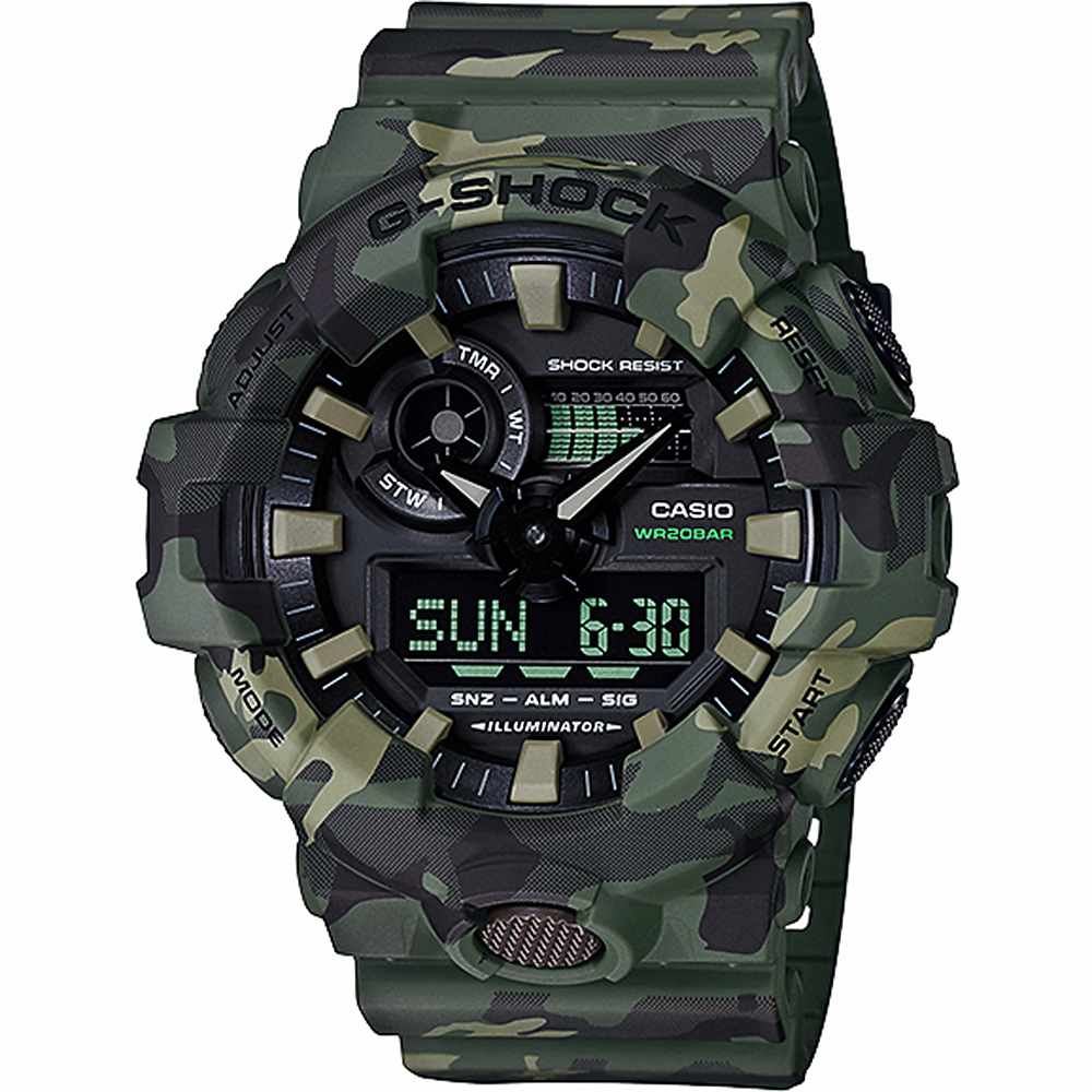 CASIO 卡西歐 G-SHOCK 迷彩雙顯手錶-軍綠(GA-700CM-3A)