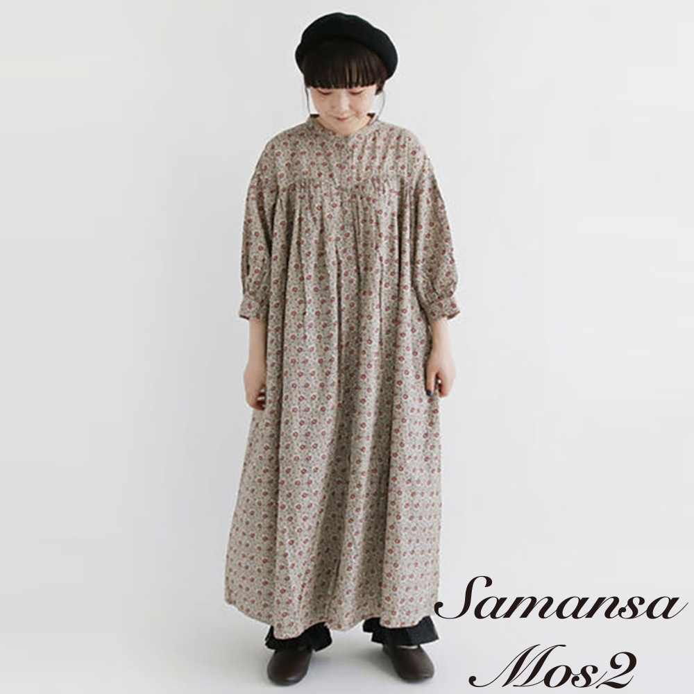 Samansa Mos2  素面/小花圖案棉質七分袖開襟洋裝
