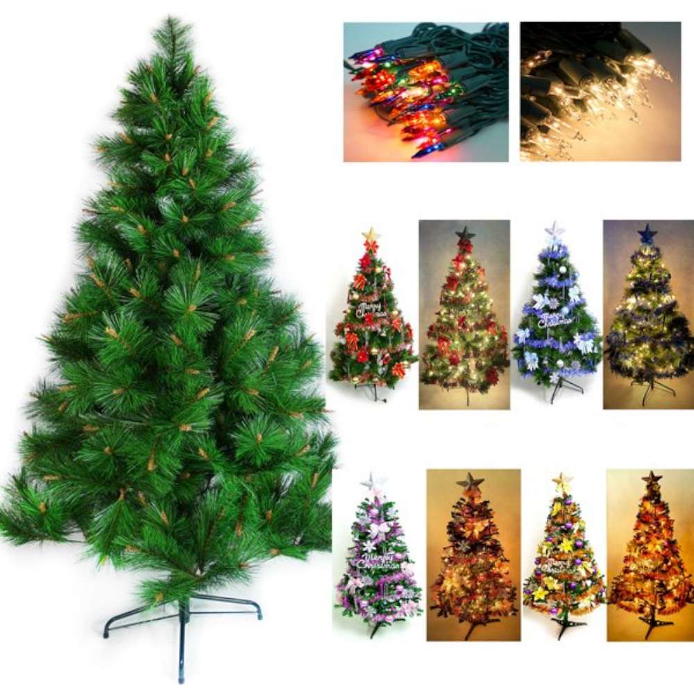 摩達客 5尺特級綠松針葉聖誕樹(飾品組)+100燈鎢絲燈2串