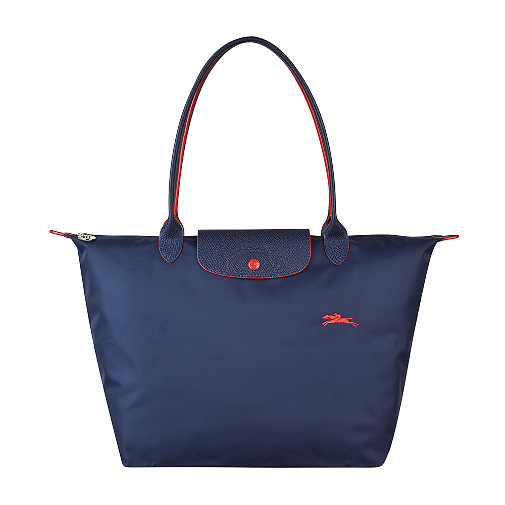 LONGCHAMP COLLECTION系列刺繡LOGO尼龍摺疊款長把手提包(大/深藍x紅