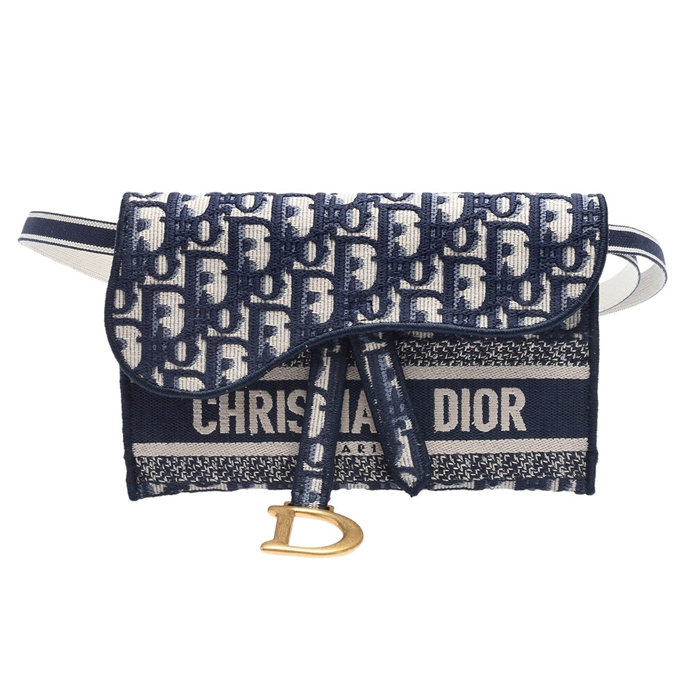 Dior Saddle系列經典OBLIQUE緹花帆布刺繡磁釦手拿/斜背包(藍)