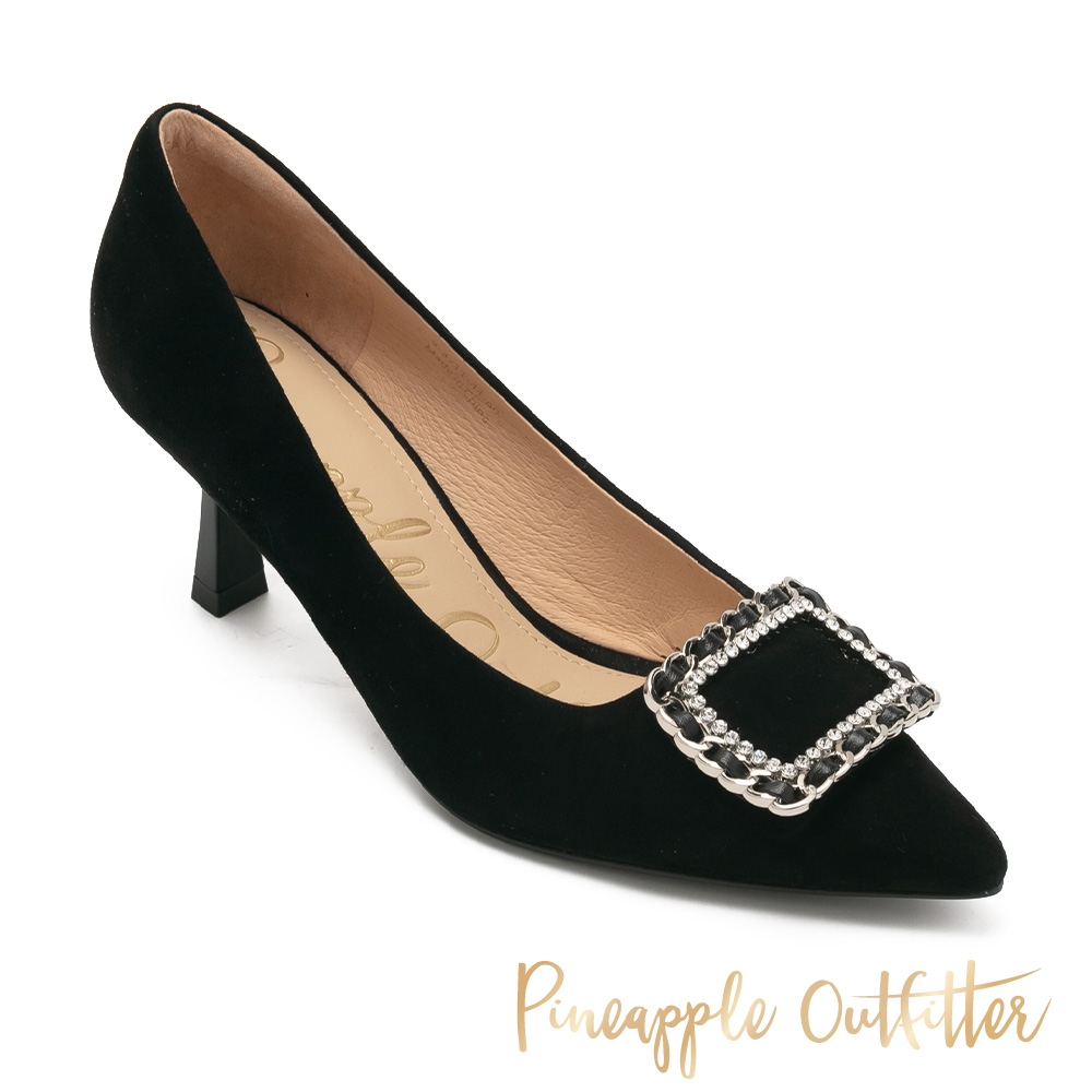 Pineapple Outfitter-PEREZ 麂皮方釦鍊尖頭中跟鞋-黑色