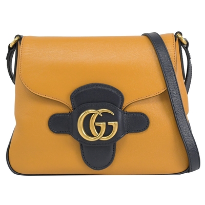 GUCCI Double G petite taille 經典小牛皮素面斜背包(姜黃/黑)