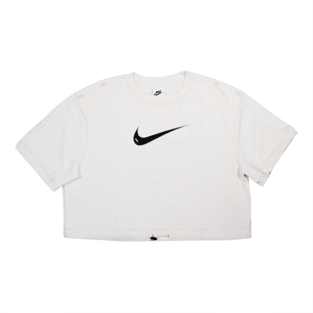 Nike 短版上衣 NSW Swoosh Tee 女款 白 大勾 縫線 抽繩 鬆緊 寬鬆 短袖 T恤 DM6745-030