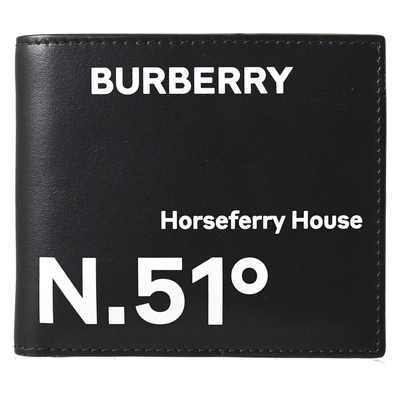 BURBERRY 51°N 座標印花印花小牛皮對開八卡短夾(黑/白)