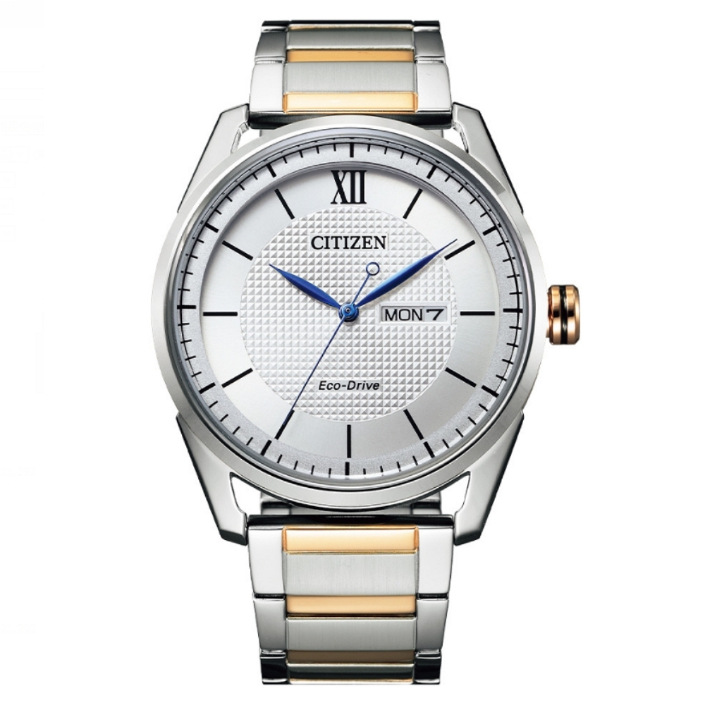 CITIZEN星辰 GENT'S系列 光動能經典半金格紋腕錶 42mm/AW0084-81A