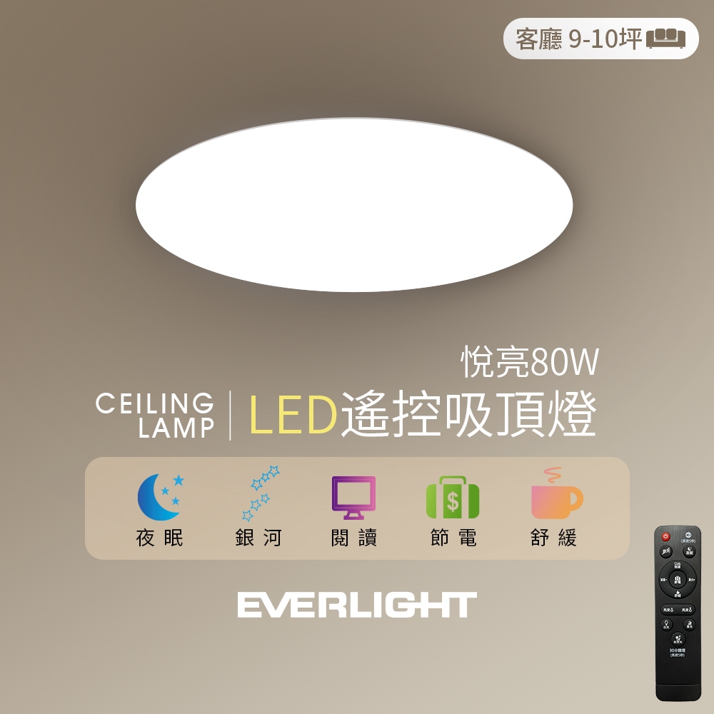 Everlight 億光 悅亮80W LED遙控吸頂燈 適用9-10坪