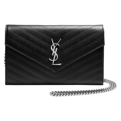 YSL MONOGRAM系列V字縫線魚子醬牛皮金屬LOGO銀鍊手提/肩背包(黑)