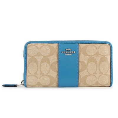 COACH 經典雙C防刮標誌拼接皮革拉鍊長夾-青藍/卡其