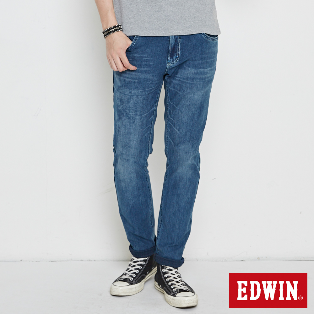 EDWIN 大尺碼迦績褲 不對稱刷色窄直筒牛仔褲-男-中古藍