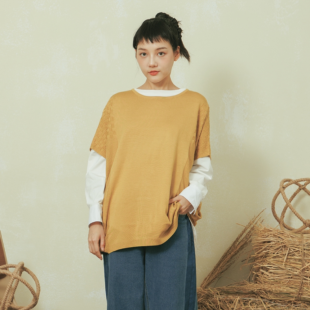 【MOSS CLUB】純色二側幾何編織連袖-女短袖針織衫(三色/魅力商品/版型適中)