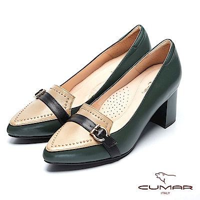【CUMAR】復古典雅-拼色鉚釘尖頭粗跟樂福鞋