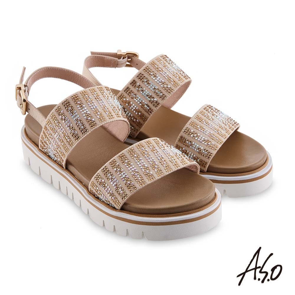 A.S.O時尚流行 夏季輕量漸層燙鑽休閒底台涼鞋-卡其