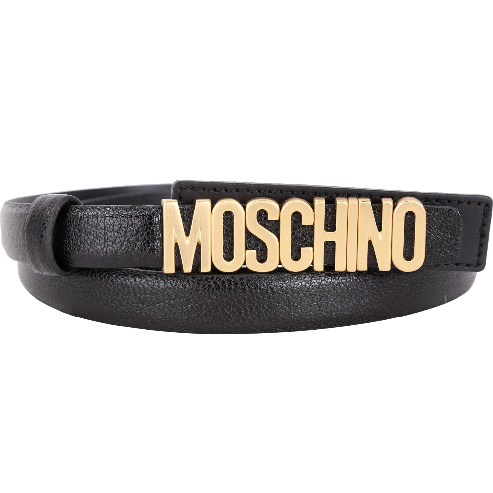 MOSCHINO 金屬字母窄版牛皮腰帶(黑色)