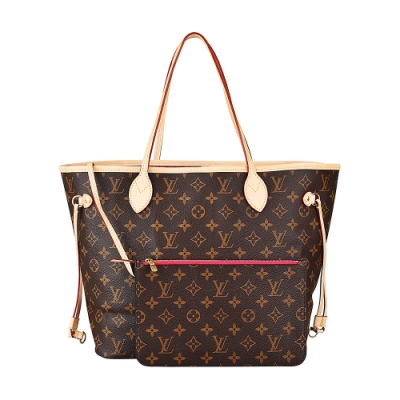 LV M41178 NEVERFULL花紋LOGO Monogram帆布扣式手提肩背包(米