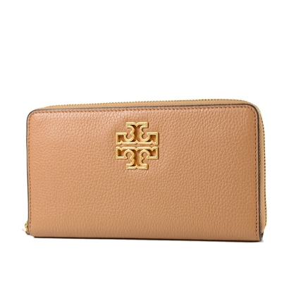 TORY BURCH BRITTEN 縷空LOGO荔枝紋拉鍊長夾-棕色/附證件夾